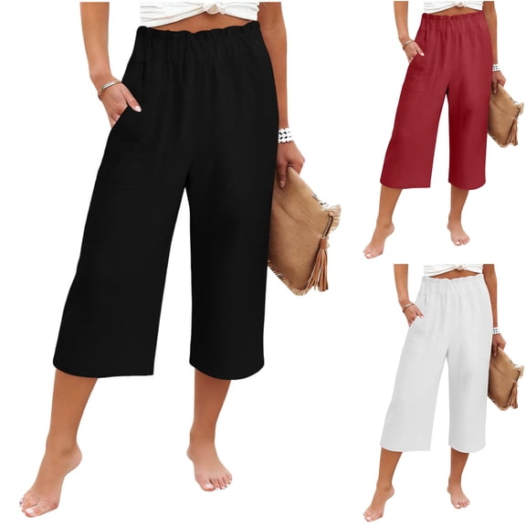 Capris Pants for Women Elastic High Waisted Wide Leg Cotton Linen Summer Capri Pant Casual Loose Beach Gauze Clothing (Black,L)