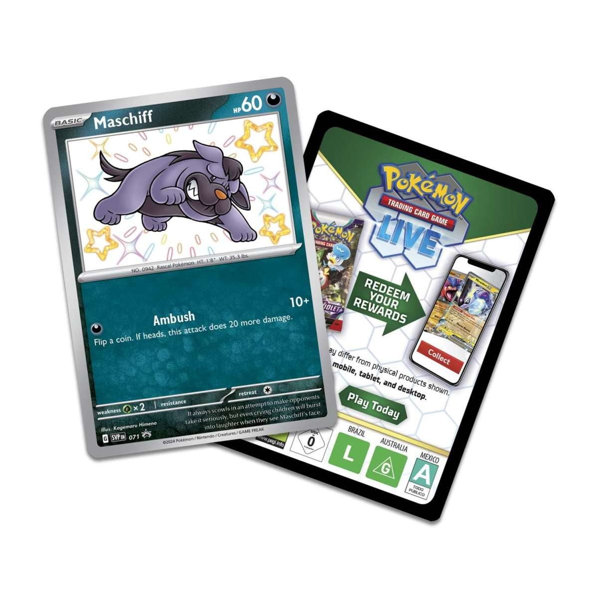 Pokemon Scarlet & Violet Paldean Fates Maschiff Tech Sticker Collection (3 Booster Packs, Shiny Promo Card & Sticker)