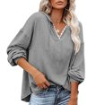 thumbnail image 1 of Mujeres con capucha Top encaje empalme cuello en V hombro caído cordón suéter suelto sudaderas para dama, 1 of 5
