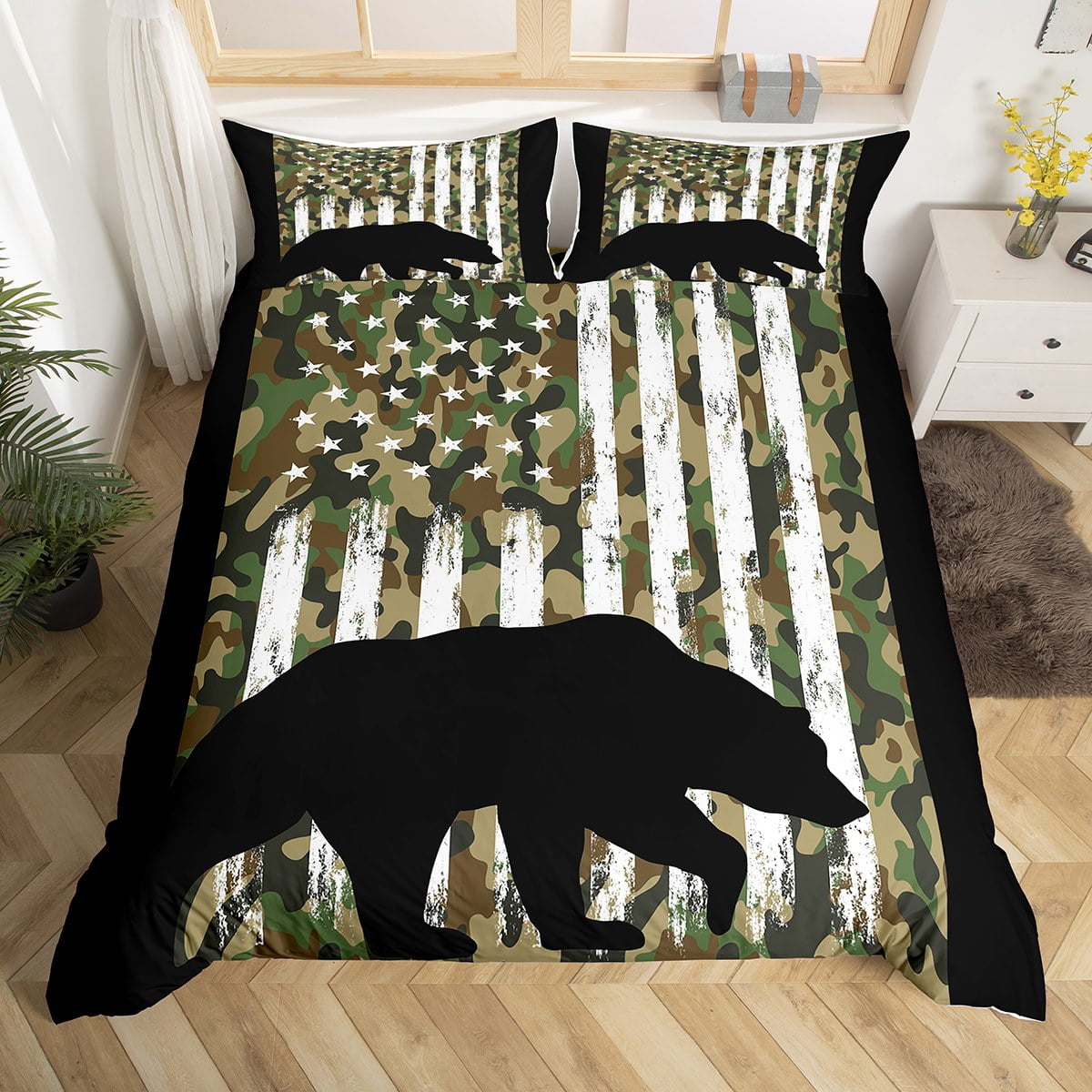 YST Black Bear Bed Set Green Camouflage Duvet Cover, US Flag Bedding