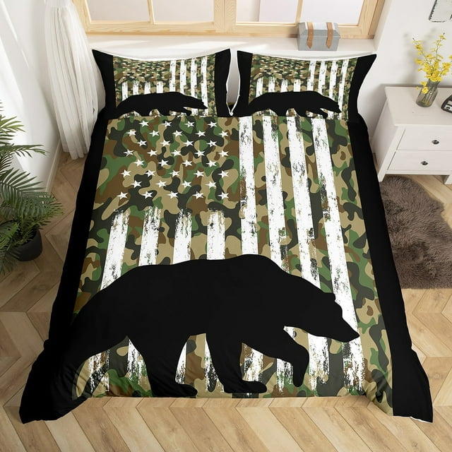 YST Black Bear Bedding Sets Full Green Camouflage Comforter Cover, US