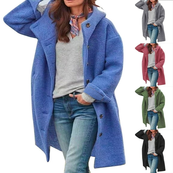 Qetyuw Womens Hooded Pea Coat Wool Blend Single Breasted Trench Coat Winter Warm Casual Overcoat with Pockets