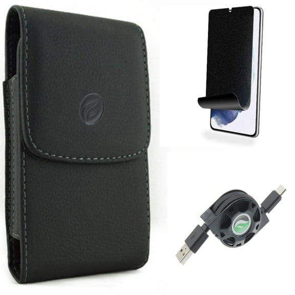 For Samsung Galaxy S21 (6.2") - Type-C Retractable USB Cable   [Fingerprint Works] TPU Film Privacy Screen Protector   Holster Leather Case Belt Clip