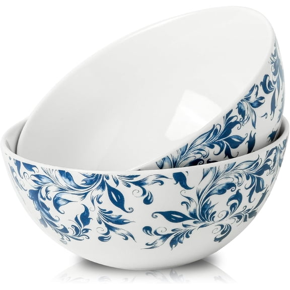 Blue Serving Bowls Set of 2, 42 oz Ceramic Soup Bowl, Large Pho Bowls for Cereal Salad Ramen Pasta Fruit, Blue and White bowls for Entertaining, Microwave Dishwasher Safe, Vintage