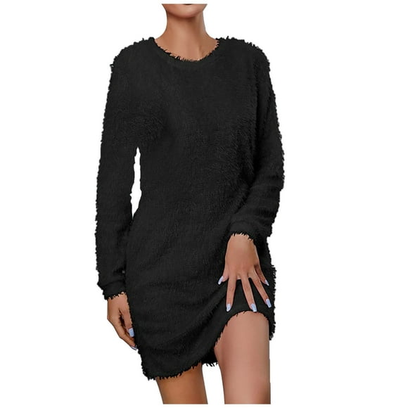 Fall Winter Dresses for Women Round Neck Solid Color Long Sleeve Sweater Dress Casual Loose Soft Shift Mini Dress