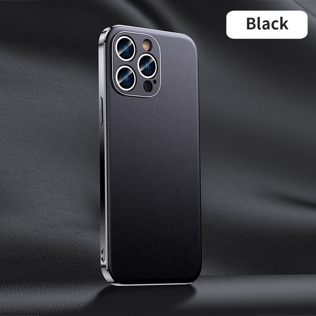 Genuine Cowhide Leather Phone Case for iPhone 16 14 12 13 15 Pro Max 15Pro 14Pro Luxury Plating Full Lens Protection Back Cover Black(A006) For iPhone 11Pro Max