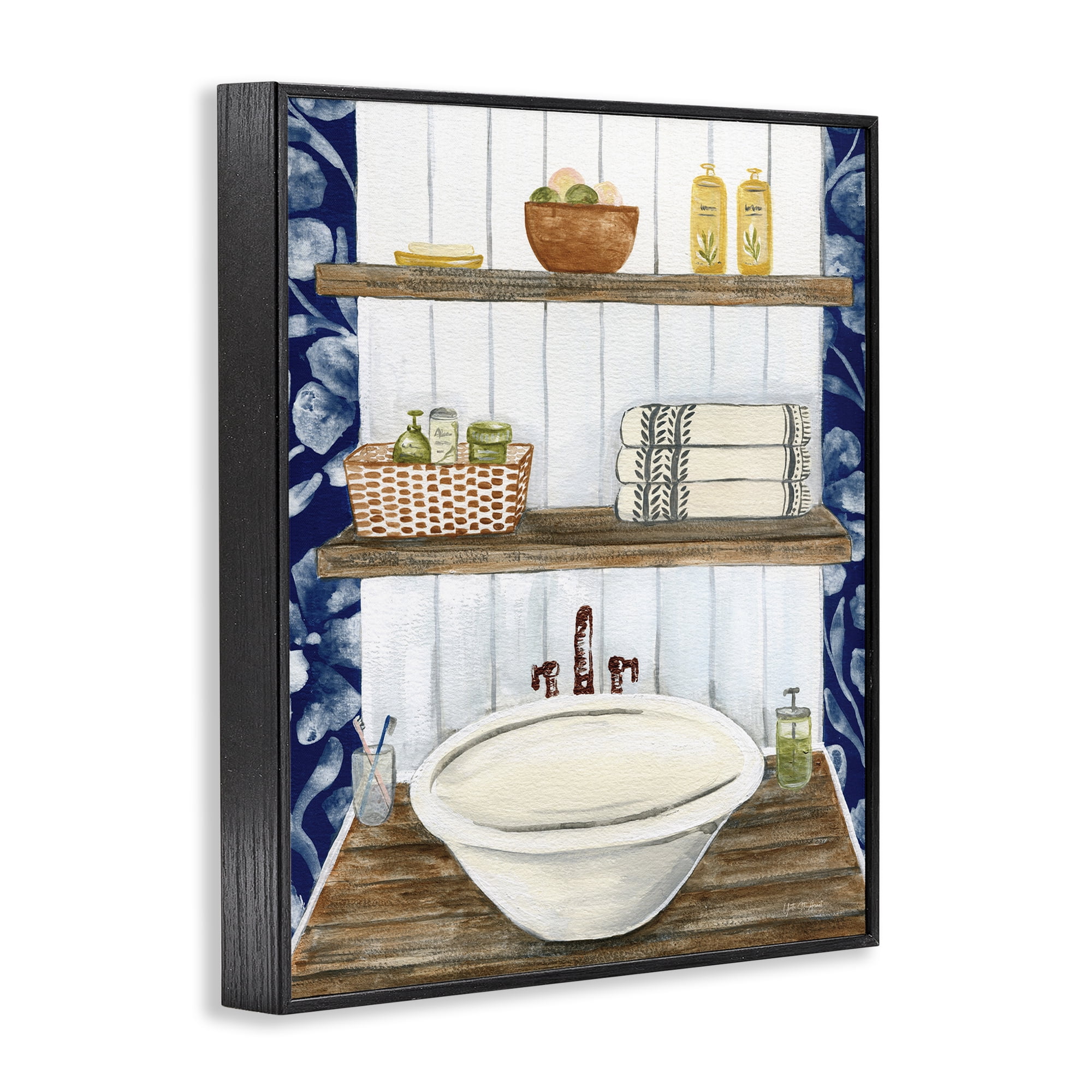 Stupell Industries Bold Blue Bathroom Typography Painting Black Framed Art Print Wall Art, 11 x 14