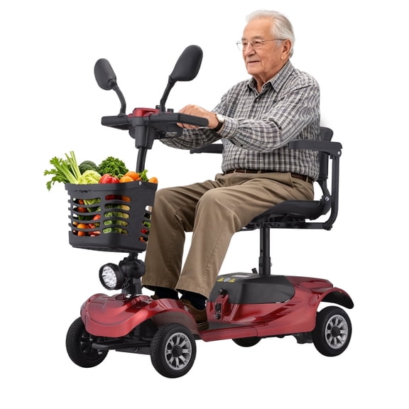 BTY Foldable 4 Wheel Mobility Scooter, Lightweight Electric Powered Wheelchair for Adults & Seniors, Compact Travel Device with 250W Motor, 300lbs Capacity, Red