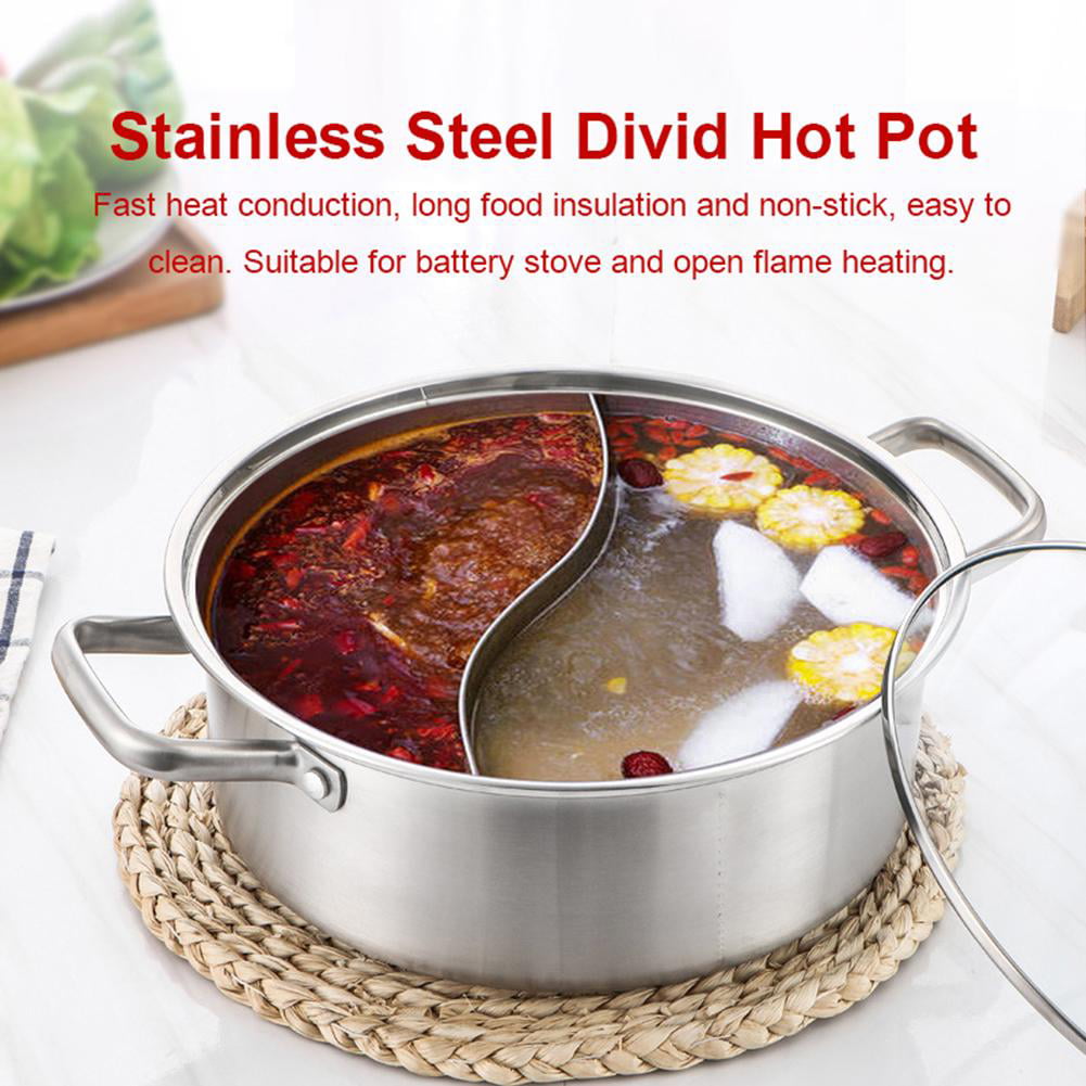 28 cm diameter YISHIYI Hot Pot Cooker with Divider Slotted Spoon Stainless Steel Chinese Hot Pot with Spoon