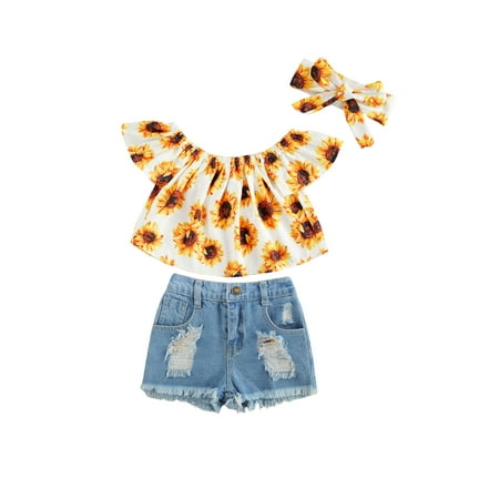

Kiapeise Toddler Girl Summer Outfits Sleeveless T-Shirt + Denim Shorts