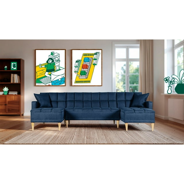 Sala Modular Doble Chaise Makora Travis con Memory Foam Color Azul Lino Respaldo Reclinable de 3 Posiciones
