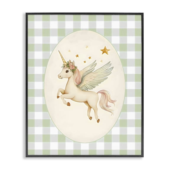 Stupell Industries Cottage Winged Unicorn over Green Gingham Black Framed Giclee Art, 11 x 14, by Arlington Prints