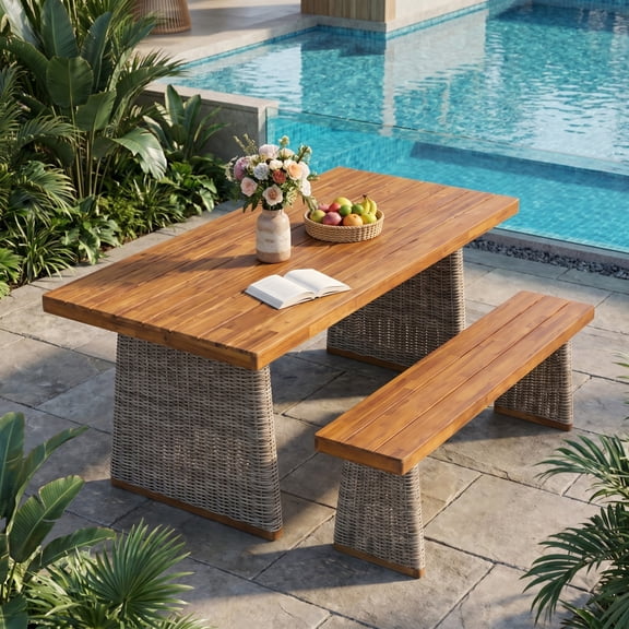 Christopher Knight Home 2-Piece Outdoor Dining Set with Wood Slatted Table and Bench, Rattan Legs, Brown