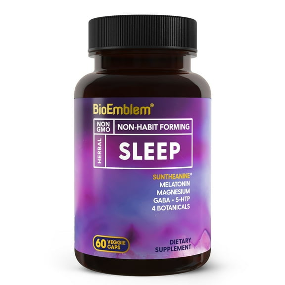 BioEmblem Sleep Aid - Adults, Melatonin, Valerian Root, Suntheanine - 60 Capsules
