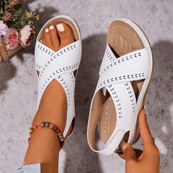 Xucatan Wedge Sandals for Women, Perforated Crisscross Strap Heels with Hook Loop Closure, Plus Size Casual Comfort Footwear, Breathable Design for Summer Beach Walking Gift