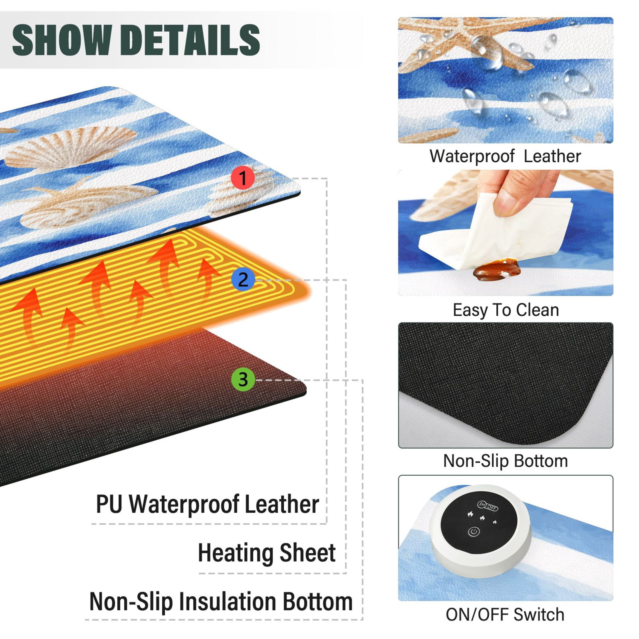 Large Heated Desk Mat Mouse Pad 31.5"x13"PU Leather Graphene Heating Desk Warmer with 3 Temperature Settings 110V US Plug Non-Slip Warm Pad for Home, Office, and Gaming Blue Nautical Stripes Pattern