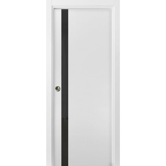 Sliding French Pocket Door 36 x 84 inches | Planum 0040 White Silk Black Glass | Kit Trims Rail Hardware | Solid Wood Interior Bedroom Sturdy Doors