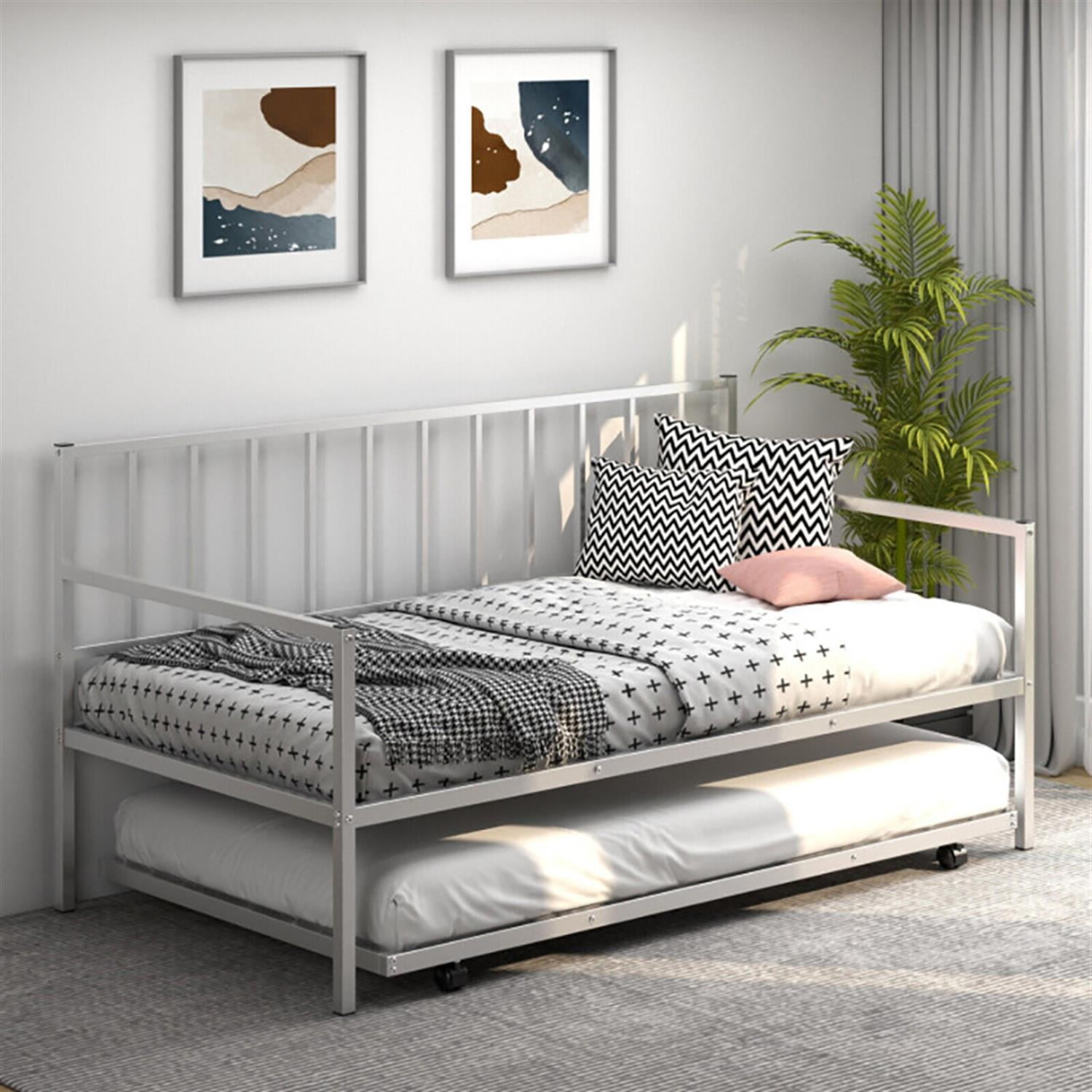 Demi Bonn Twin Size Daybed and Trundle Frame Set Trundle Bedframe, Modern Bed Frame for Teens, Silver
