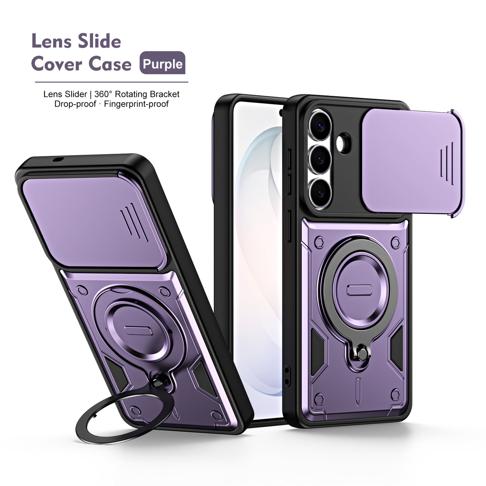 TECH CIRCLE for Samsung Galaxy A36 5G Case,Shockproof TPU+PC Case with Slide Lens Protection Ring Holder Kickstand Cover,Purple