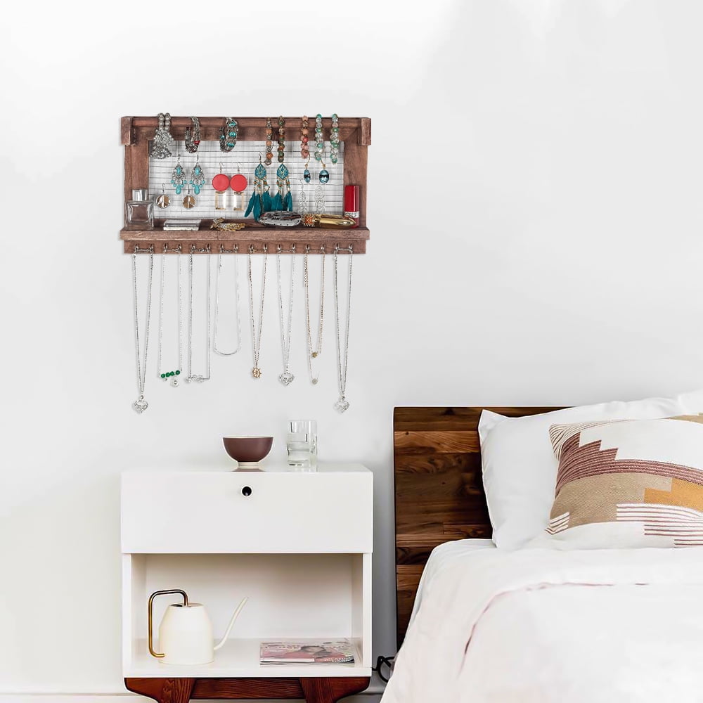 Kepooman Wall Mounted Paulownia Wood Jewelry Holder with Removable Bracelet Rod, Rustic Jewelry Organizer Jewelry Stand for Earrings Necklaces, Brown Kepooman Wall Mounted Paulownia Wood Jewelry Holder with Removable Bracelet Rod, Rustic Jewelry Organizer Jewelry Stand for Earrings Necklaces, Brown