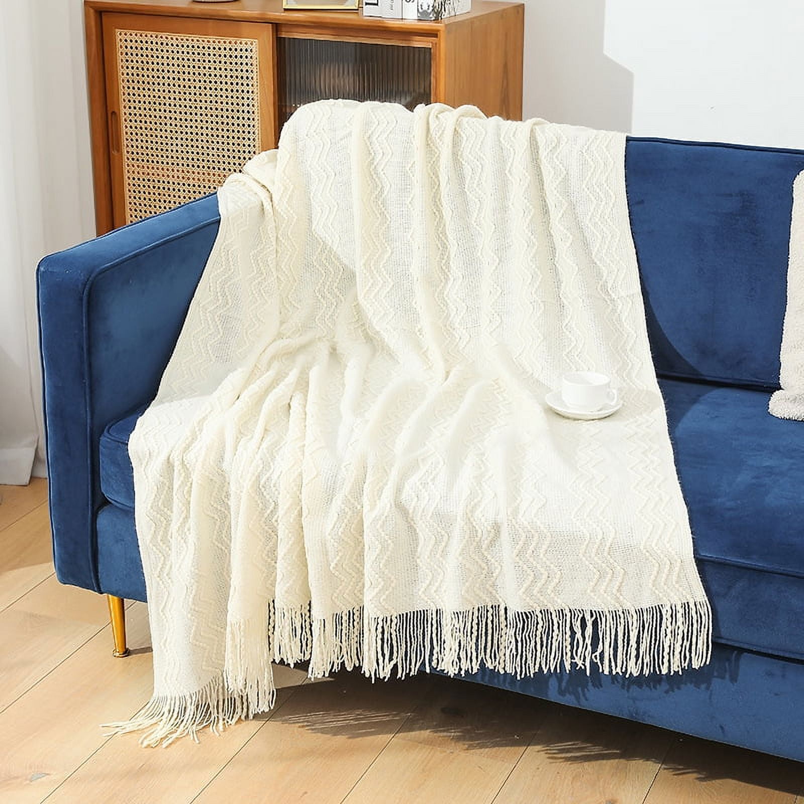 Knitted Boho Throw Blanket for Couch Textured Knit Terracotta Rust Blanket with Tassels Cozy Woven Farmhouse Blanket for Sofa Bed Chair Wave Pattern Fall Decor 130 180cm Beige Walmart