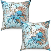 Nautical Coastal Pillow Covers 16x16 Set of 2, Octopus Starfish Seashell Throw Pillow Covers Coral Branch Ocean Themed Pillowcase Summer Outdoor Decor Blue Cushion Case for Home Yard