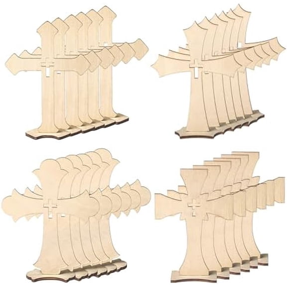 24 Pcs Wooden Crosses for Crafts 4 Styles Unfinished Catholic Wooden Crosses Bulk with Stands Cross centerpieces for Tables Wood Standing Cross for First Communion Baptism Easter Decor