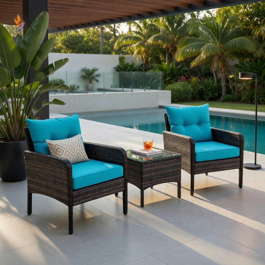 Hommoo 3-Piece Outdoor Wicker Patio Conversation Set, PE Rattan Chairs with Cushions, Tempered Glass Coffee Table for Backyard, Balcony & Poolside, Turquoise