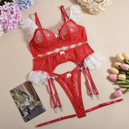 Generic Sexy Bra Lace Contrast-Color Sexy Lingerie 4-Piece Set Leg Ring Female