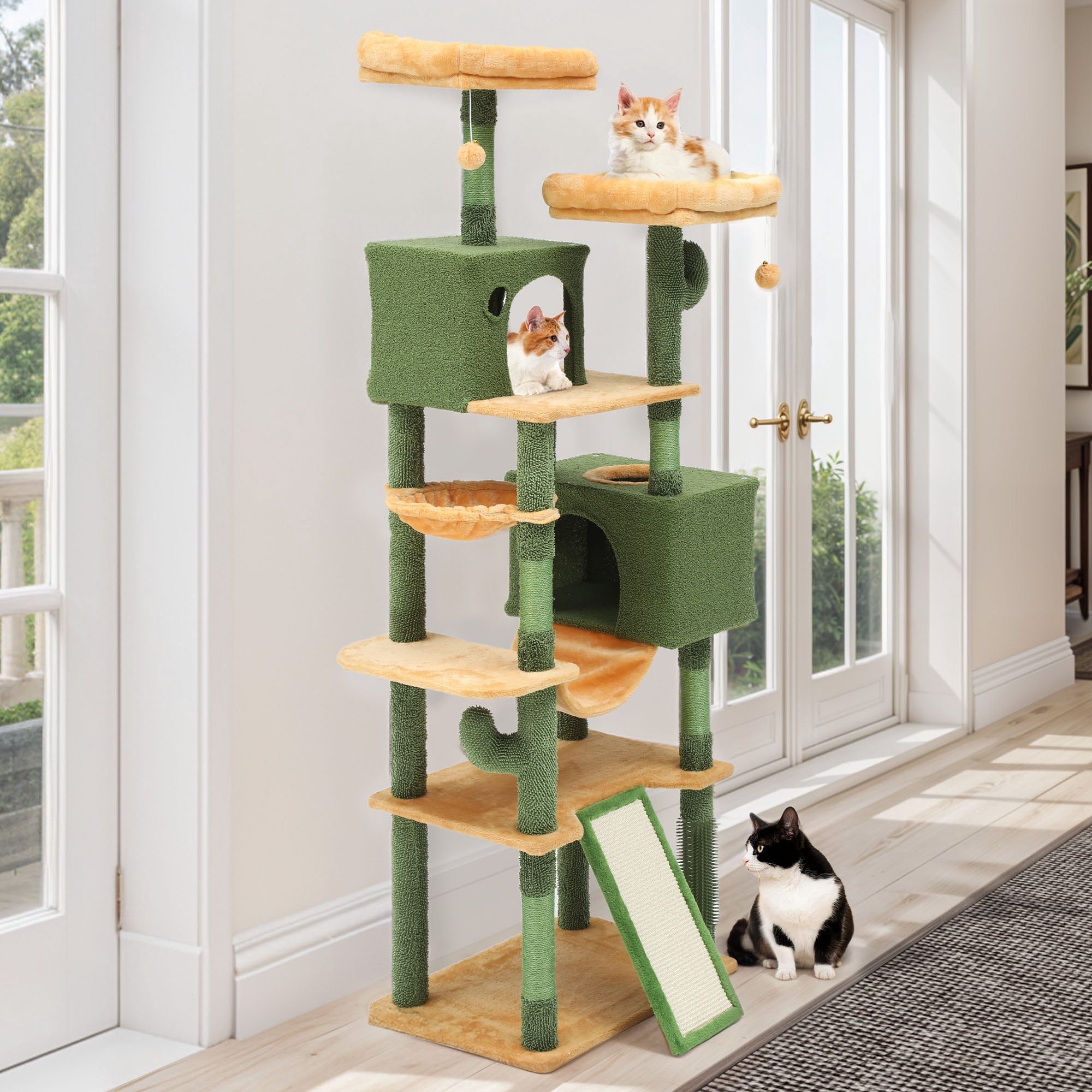 Uforic Large 76" Cactus Cat Tree Tower with Sisal Scratching Posts, Multi-Level Cat House and Condo, Green & Yellow