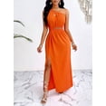 thumbnail image 3 of Coral Orange Asymmetrical One Shoulder Cutout Maxi Dress With Thigh Split And Drawstring Waist, 3 of 6
