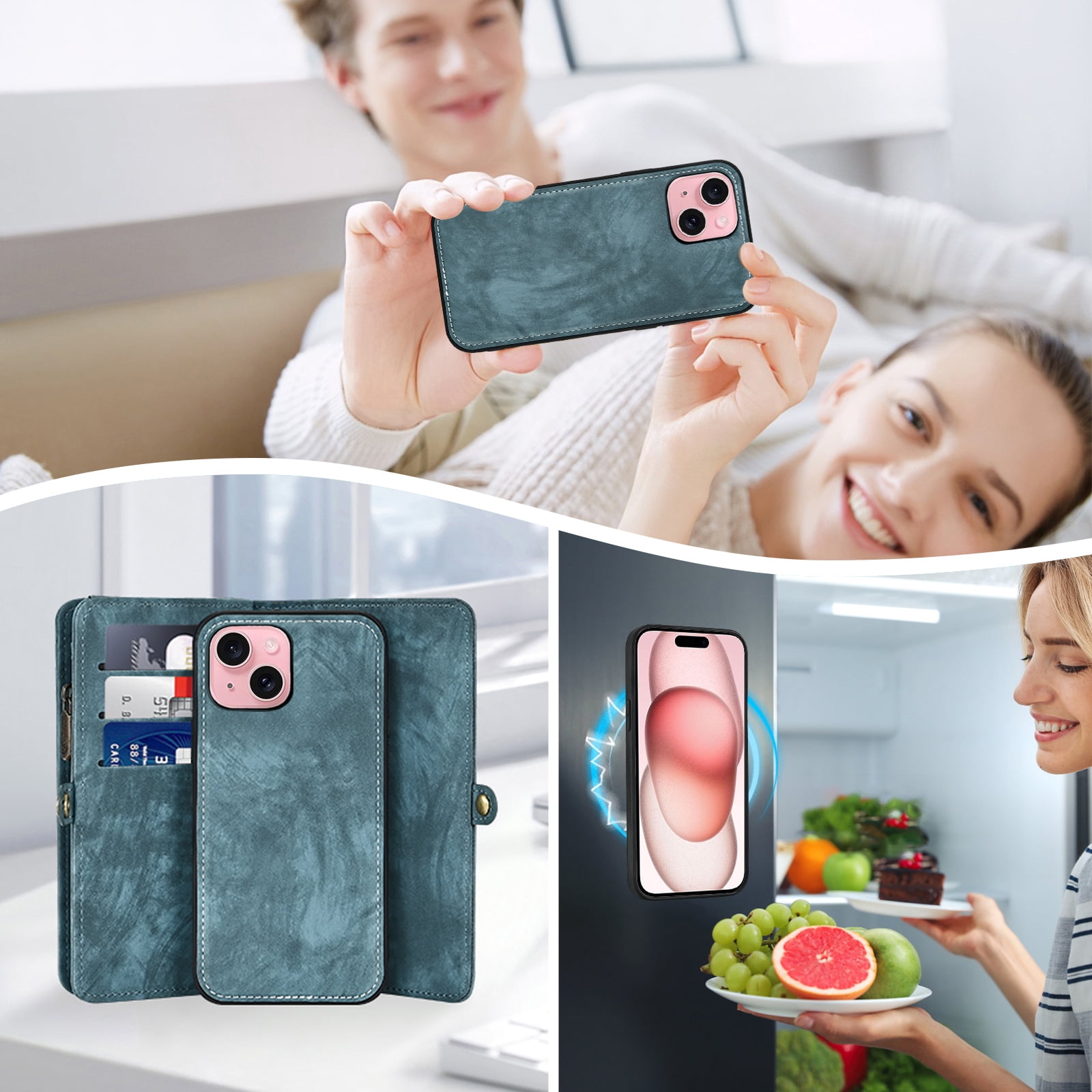 Asuwish Compatible with iPhone 15 6.1 inch Phone Case Zipper Wallet Detachable Tempered Glass Screen Protector Crossbody Lanyard Strap Flip Card Holder Cell Cover for i Phone15 i15 15Case Women Blue