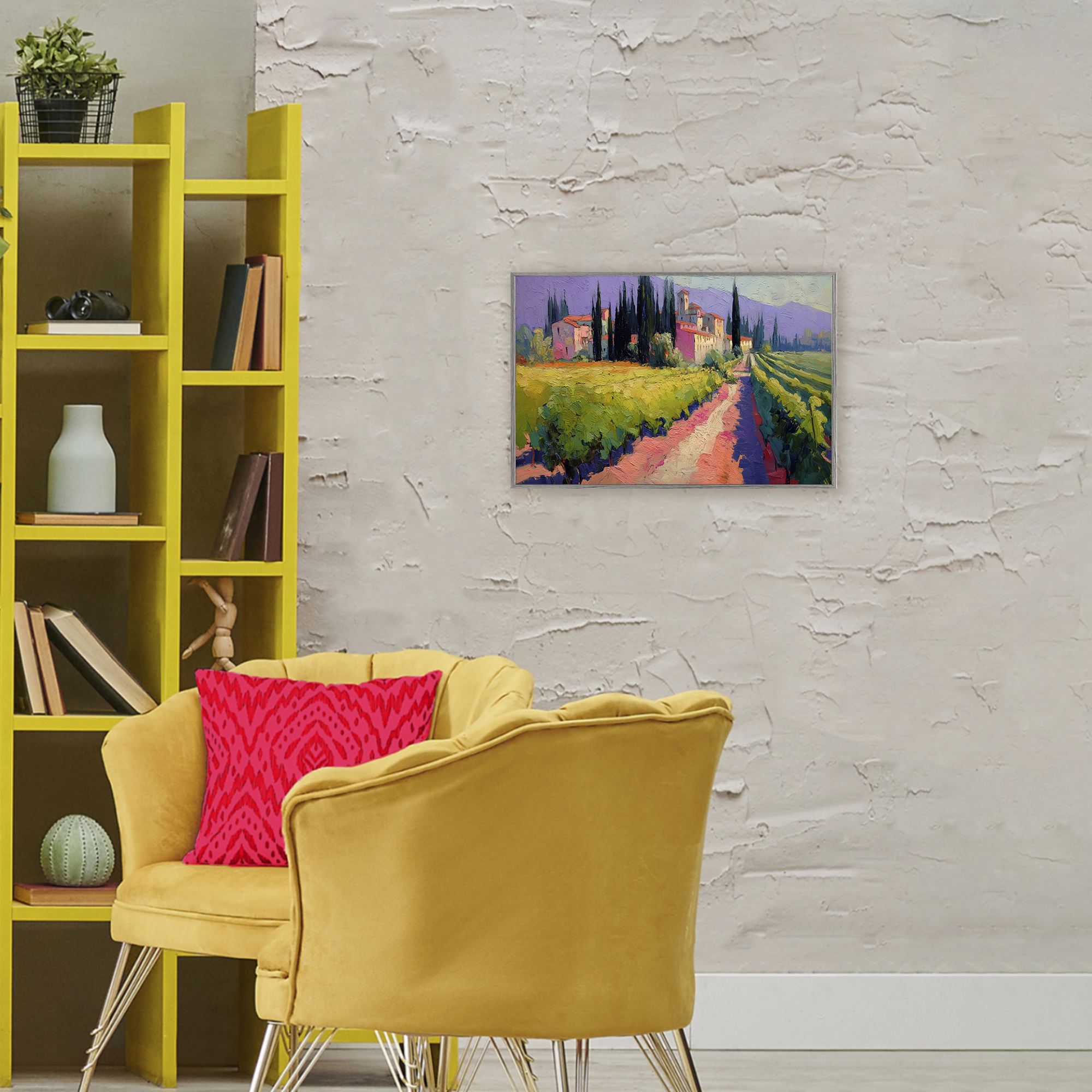 Purple Mountains Village Gray Framed Giclee Art, design by Annabelle Hall