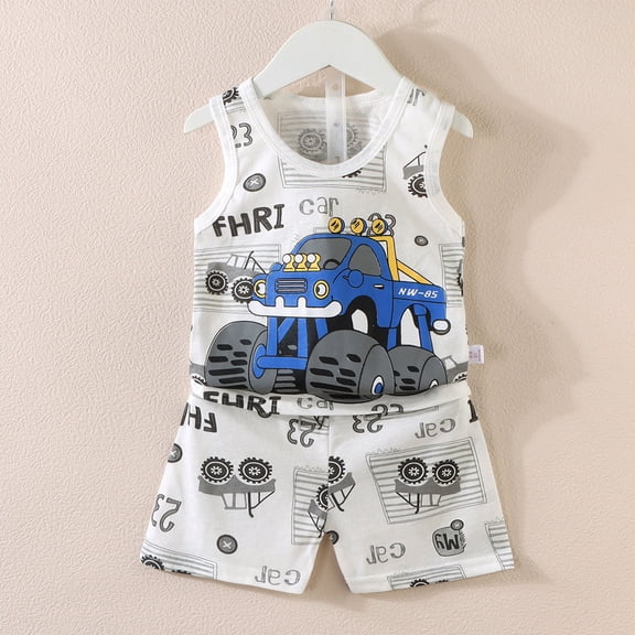 Baby Toddler Boys 2 Pieces Sets Cotton Sleeveless Printed Tank Vest Shorts Summer Outfits Multicolor 2-3Years
