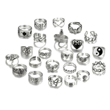 24pcs Y2K Gothic Rings Set for Women and Men Silver Punk Grunge Vintage Jewelry with Heart Snake Flower Designs