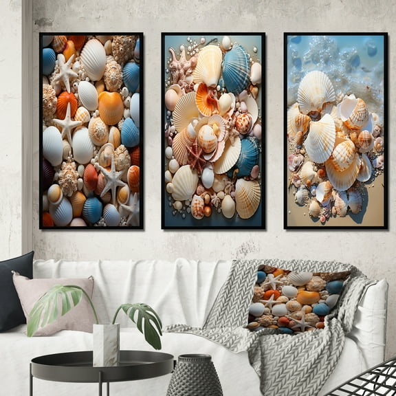 Designart "Beach Photo Seashell Euphony VI" Animals Framed Wall Art Set Of 3 - Teal Animal Frame Gallery Wall Set For Home Decor