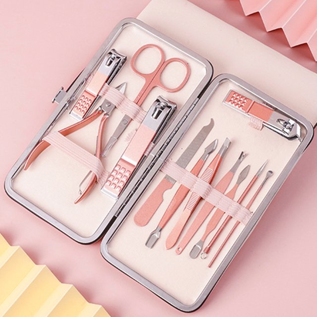 Juego de manicura, kit de pedicura profesional de acero inoxidable 12 en 1, tijeras para uñas, kit de aseo con estuche de viaje de cuero rosa