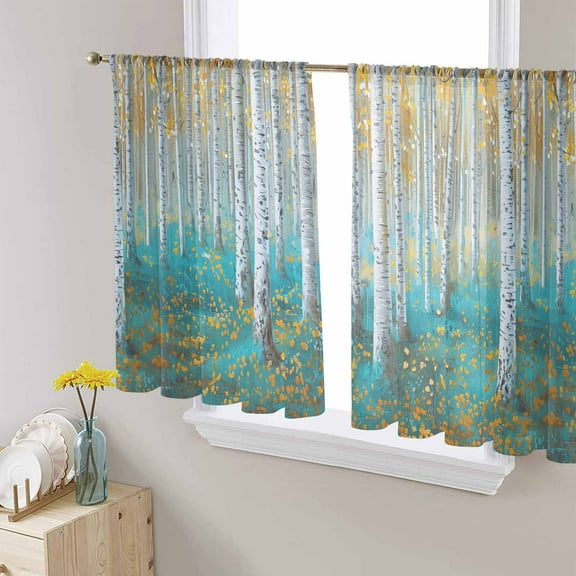 Teal Yellow Oil Painting Sheer Curtains 54 Inches Length 2 Panels Set, Window Sheer Curtains for Living Room/Bedroom, Contemporary Abstract Art Light Filtering Rod Pocket Curtain 52'' x 54'' x 2