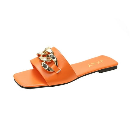 

Women‘s Metal Chain Decor Sandals PU Leather Solid Color Open Square Toe Flat Slippers Women‘s Fashion Slides