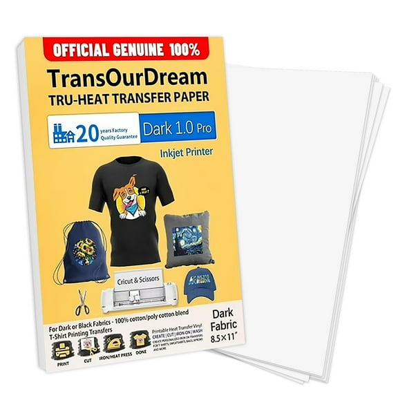 TransOurDream Transfer Paper for Dark Fabrics, Inkjet Printable, 8.5x11", 15 Iron on Heat Transfers Vinyl for T-Shirts