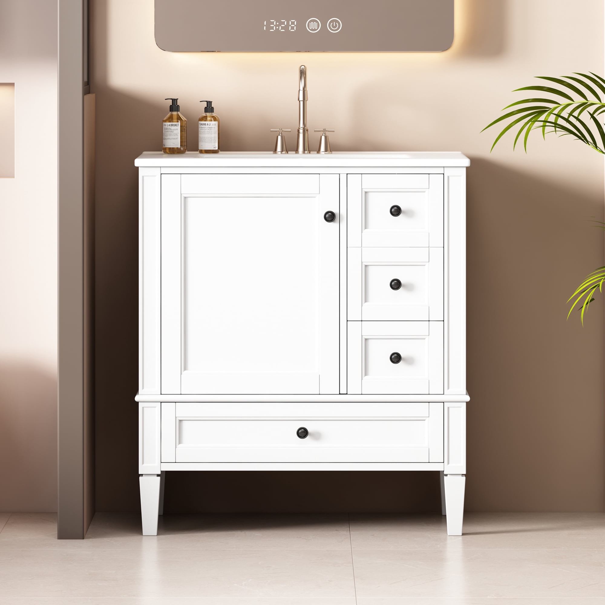 Euroco 30 Inch Bathroom Vanity with Ceramic Sink, White Bathroom with 3 Drawers, Solid Wood Frame Modern Bathroom Storage Cabinet , Ideal for Home