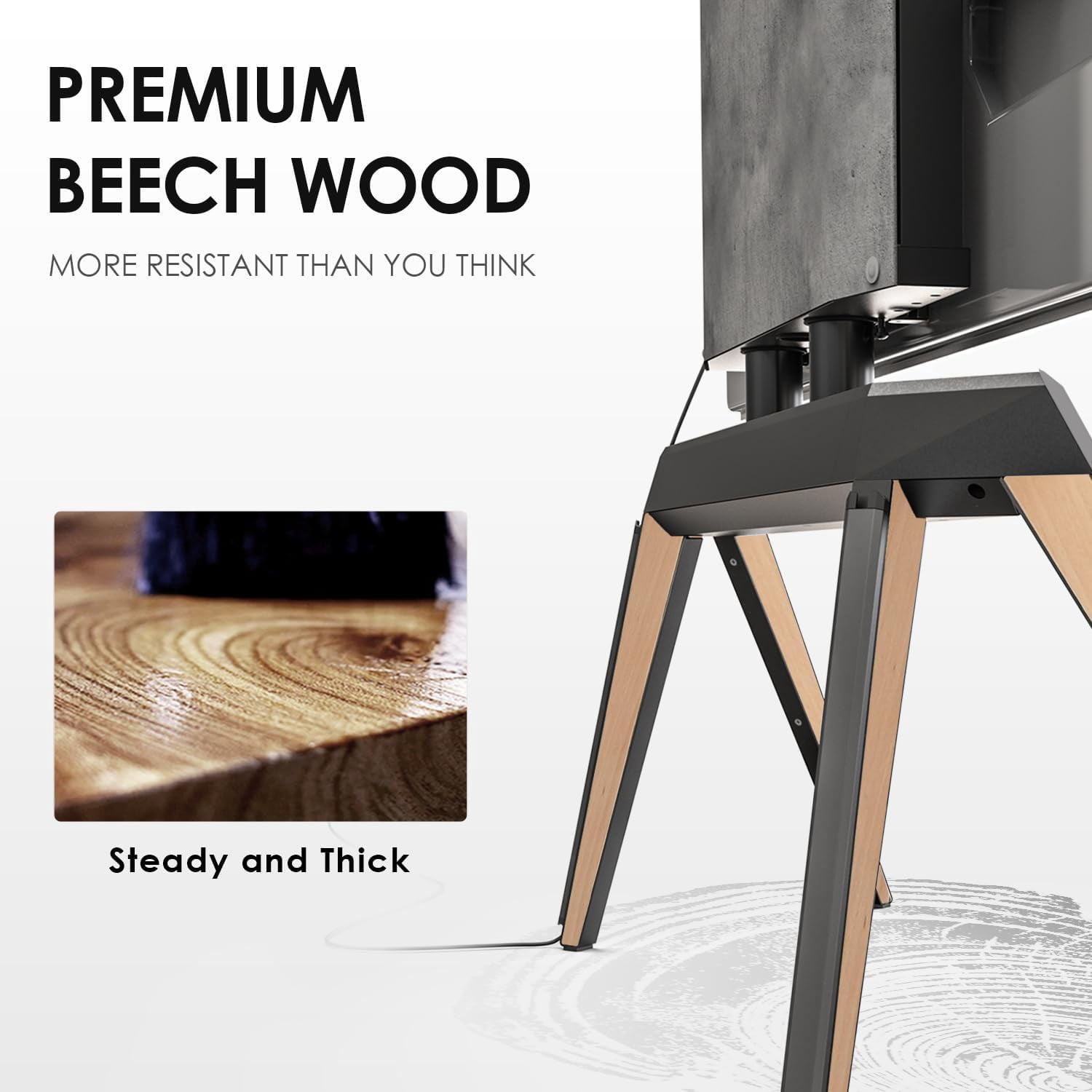 FITUEYES Picasso Series Floor TV Stand for 65–88 inch TVs, Black & Light Wood, Cable Management
