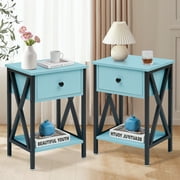 VECELO Nightstands Set of 2, Industrial End Table with 1-Drawer & Storage Shelf, Small Bedside Table Organizer for Small Space, Side Table for Bedroom Living Room, Light Blue