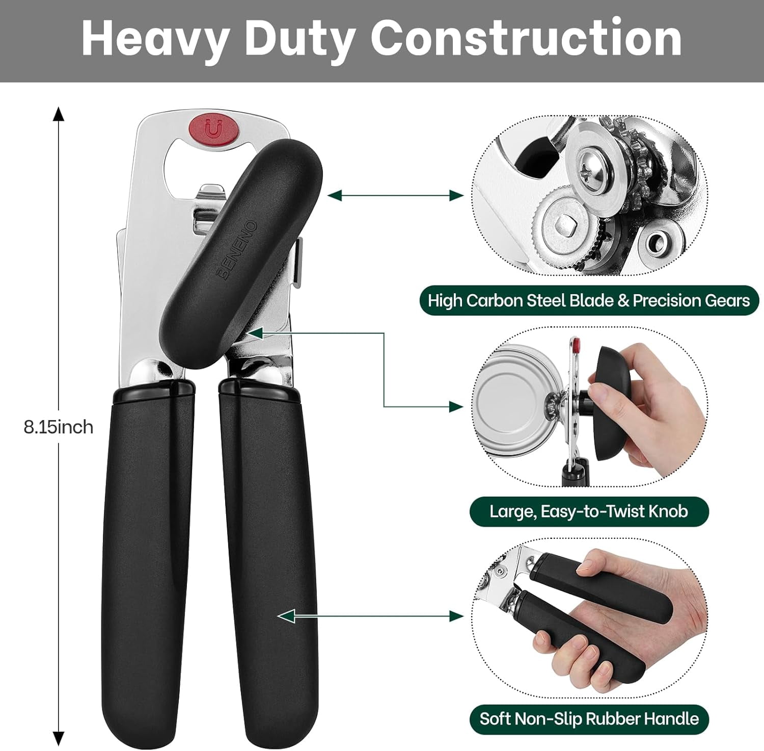 Can Opener, Heavy Duty Manual Can Opener with Magnet Lid Lifter & Bottle Opener, Hand Can Opener Manual with Ergonomic Soft Grip, Easy Turn Knob for Arthritis & Weak Hands, Easy to Use, Black