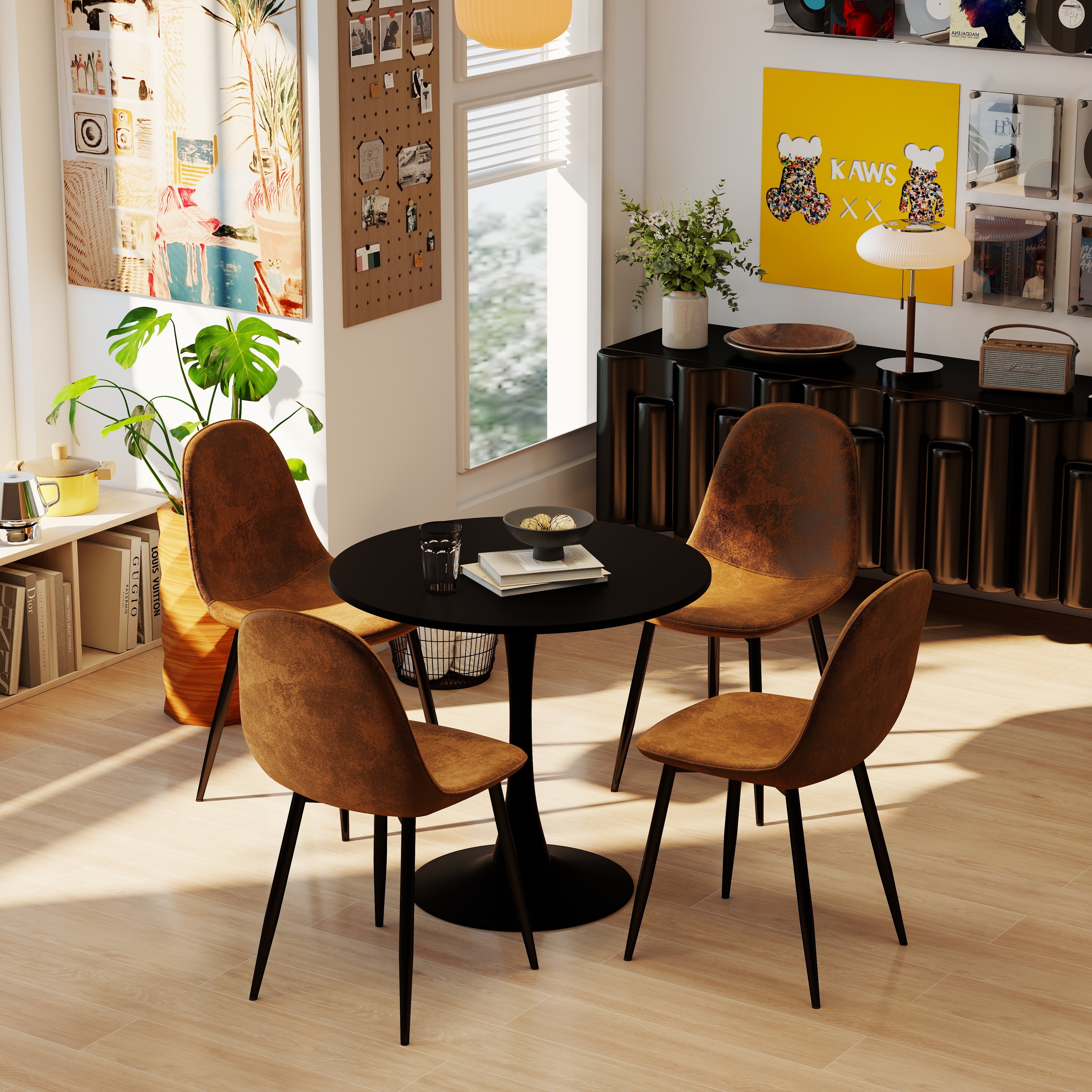 Homy Casa 4 Person Seats Dining Furniture Sets, 5-Piece Dining Table and Chair Set, Round Pedestal Black Table with Faux Suede Upholstered Chairs for Saving Space Apartment Kitchen, Brown