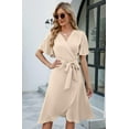 thumbnail image 4 of Womens Summer Dresses Casual Short Sleeve V Neck Strap Lacing Sexy Midi Dress Wrap Party Club Sundress (Khaki,XX-Large), 4 of 6