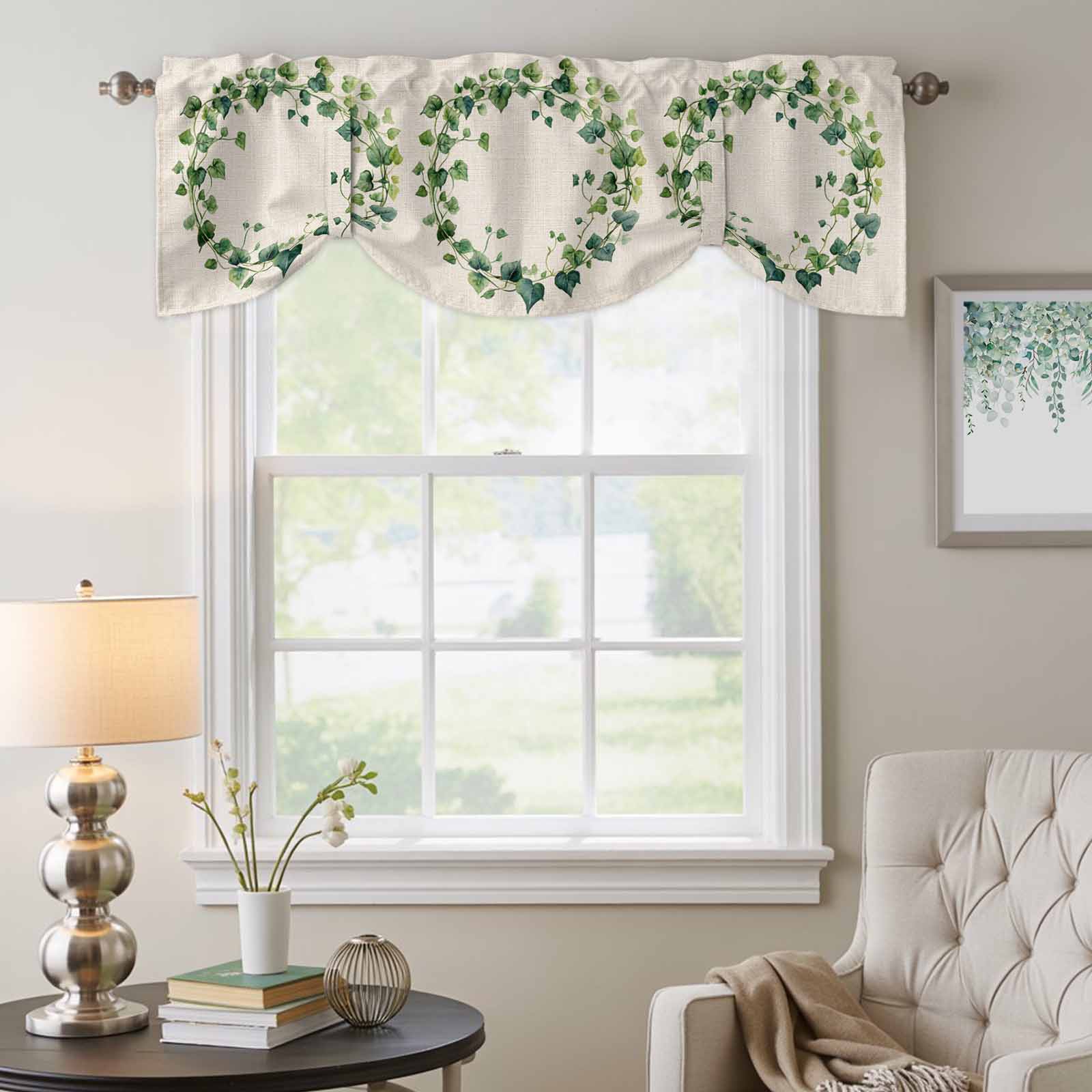Spring Plant Tie Up Valances Curtain, Green Circle Leaf Linen Texture Adjustable Rod Pocket Short Window Treatment Tie Up Curtains Valances for Kitchen Living Room Bathroom 60x18 Inches