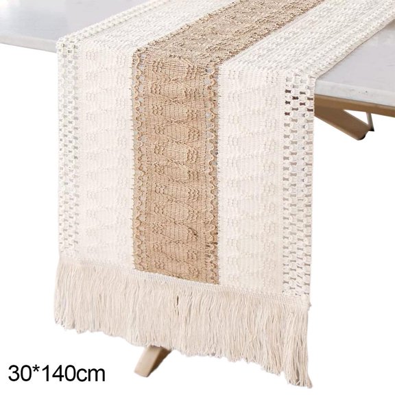 Boho Woven Table Runner, Cream Cotton Rope with Brown Pattern, Farmhouse Dining Table Decor