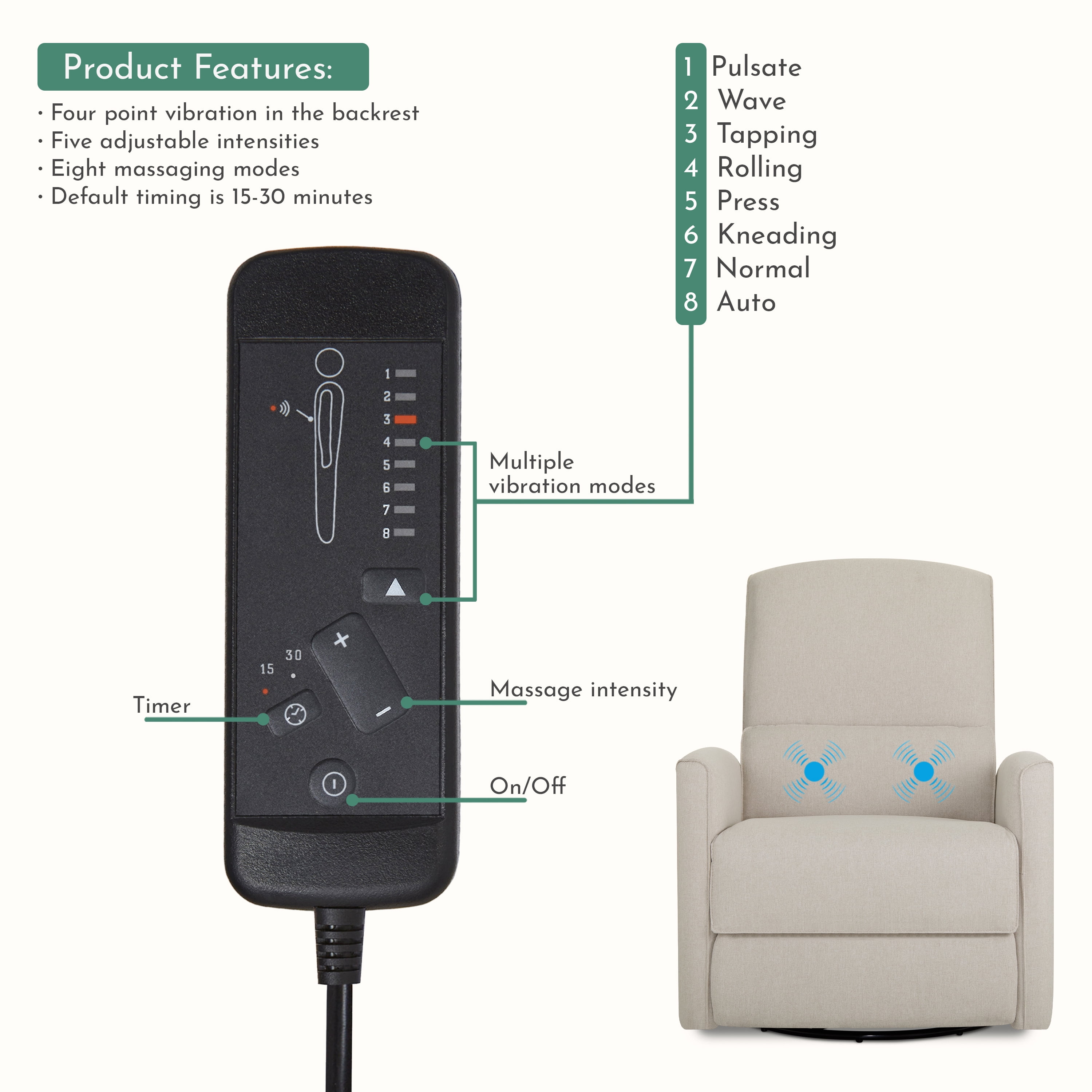 Evolur Belmont Power Recliner with Massager, Light Sand