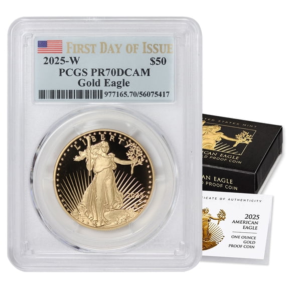 2025-W $50 Gold Eagle Proof Coin PCGS PR70DCAM First Day of Issue Flag Label U.S. Mint Box and CoA